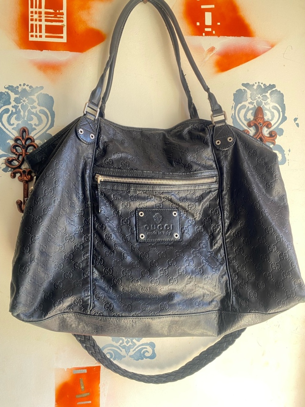 Big Gucci Black leather canvas Tote Bag crossbody